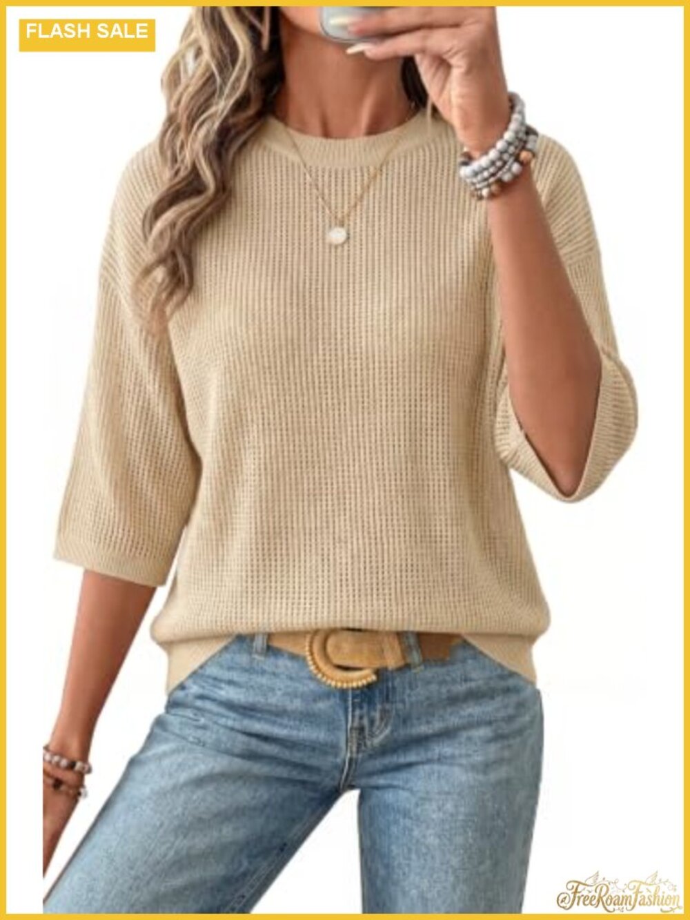 Women's Oversized Crochet 3/4 Sleeve Summer Casual Pullover Sweater